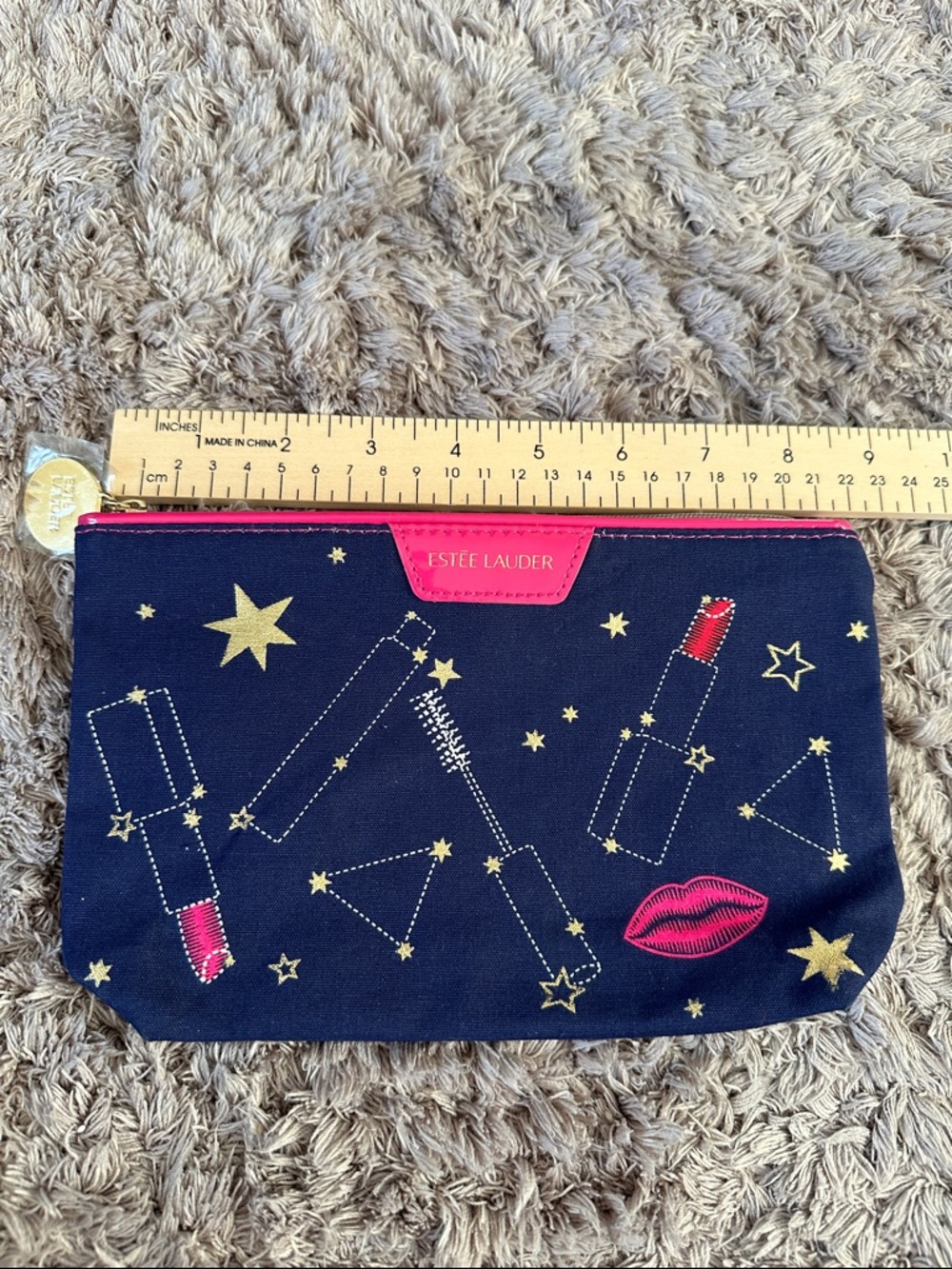 Estee Lauder Navy Cosmetic Pouch with Gold Star Constellations and Pink Accents